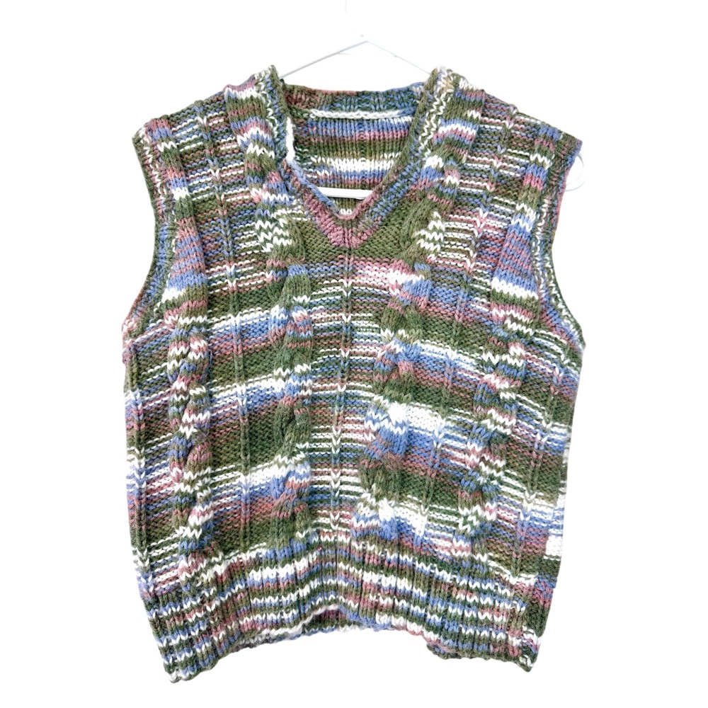 Handmade Crochet Multi Color‎ Knit V Neck Cable Knit Sleeveless Sweater Vest